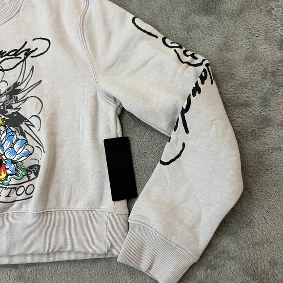 NWT Ed Hardy Tattoo Cropped Sweatshirt Gray Women's MEDIUM - Picture 2 of 7